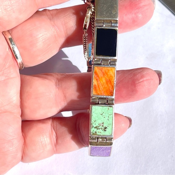 Vintage Taxco Sterling Silver Multiple Gemstone Rect. Panel Bracelet Reversible - Picture 8 of 17